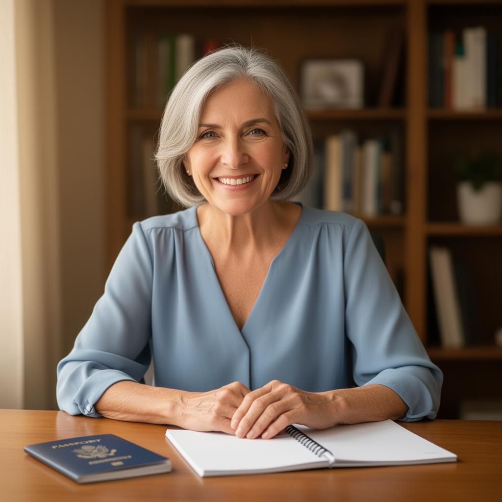 A friendly senior travel specialist smiling, ready to help you with your U.S. ESTA questionnaire.