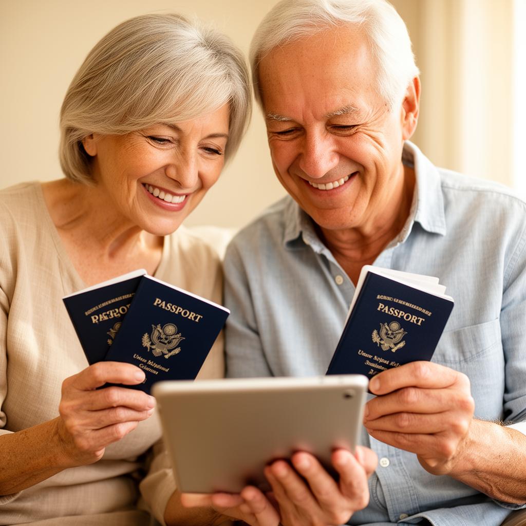 A smiling older couple looking at a tablet together while holding their U.S. passports.
