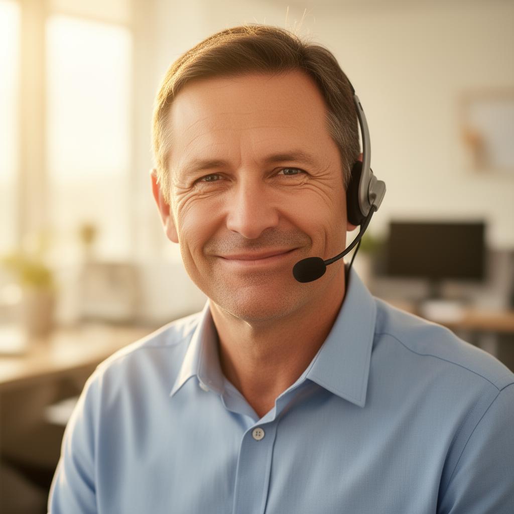 A kind support specialist with a headset, smiling warmly, ready to answer your questions by email.